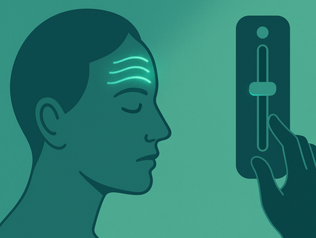 Stylized illustration of a forehead dimmer control softening expression lines while preserving natural movement.