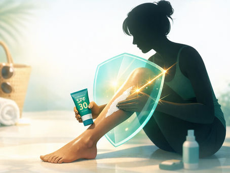 Stylized illustration of an anonymous figure applying SPF, with a calendar and a laser icon showing safe treatment timing.