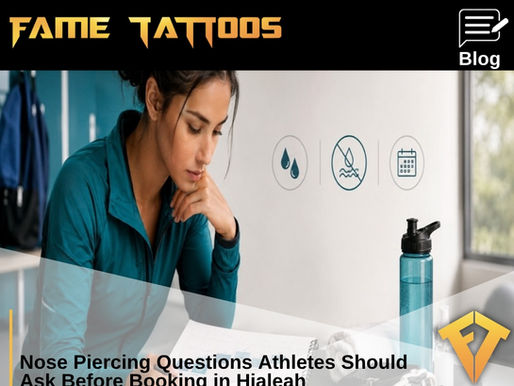 Athlete reviews a training calendar with nose piercing, sports gear, aftercare spray, and water-avoidance icons nearby.