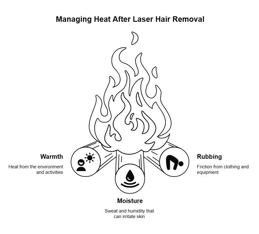 Heat management after laser hair removal graphic showing warmth, moisture, and rubbing from clothing or activity as common skin irritation triggers.