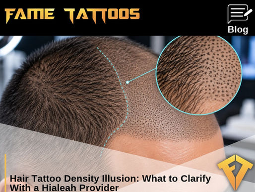Close-up scalp showing short hair blending into scalp micropigmentation dots with a magnified transition detail.