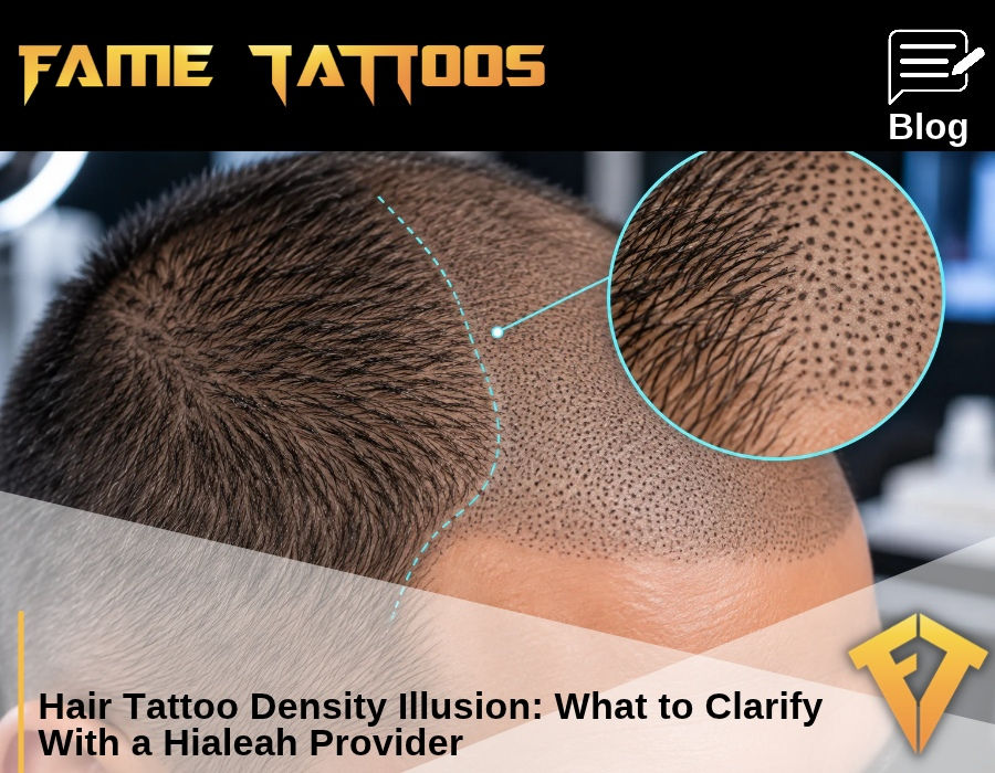 Close-up scalp showing short hair blending into scalp micropigmentation dots with a magnified transition detail.