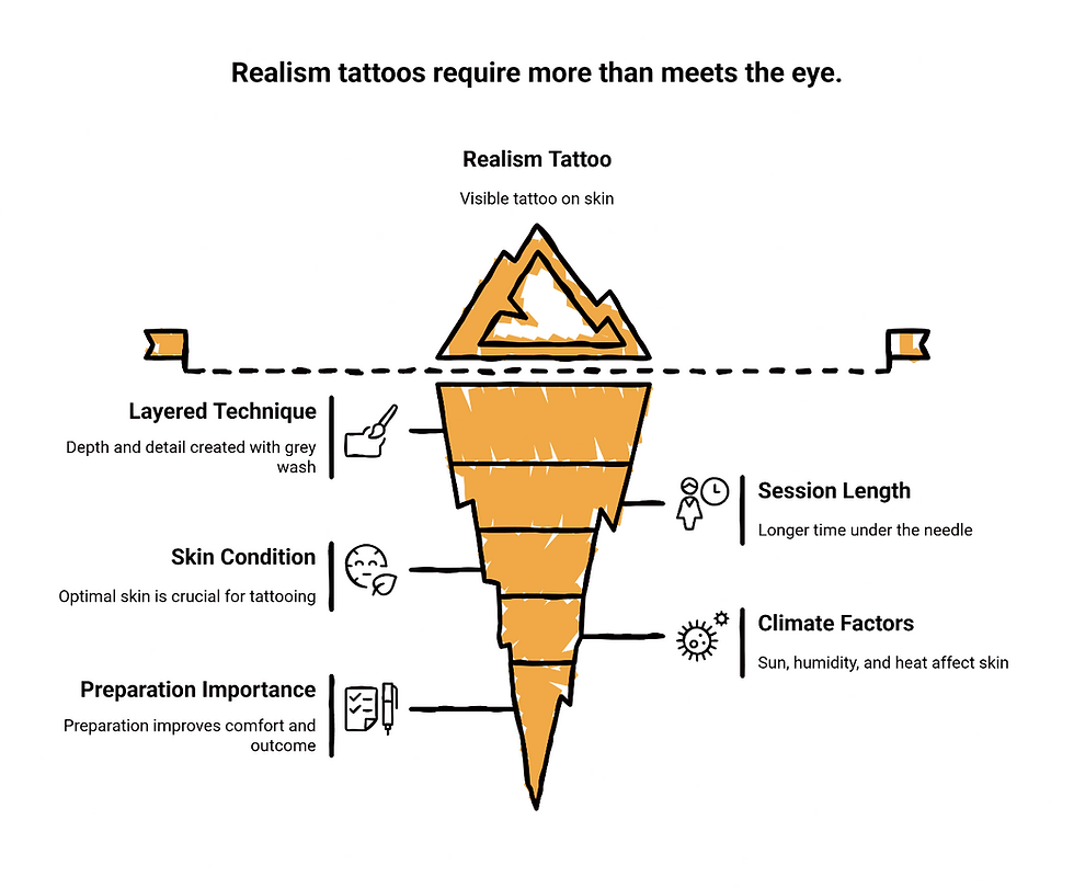 Tattoo realism iceberg infographic illustrating five underlying factors that create quality realistic tattoos beyond visible appearance.