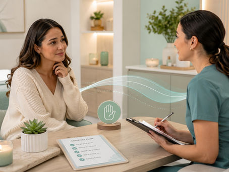 Client and provider discuss a comfort plan during a calm laser hair removal consultation in a modern medspa room.