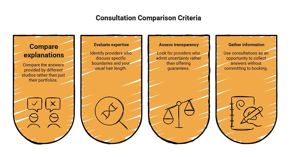 Consultation comparison guide showing how to compare explanations, evaluate provider expertise, assess transparency, and gather information before booking.