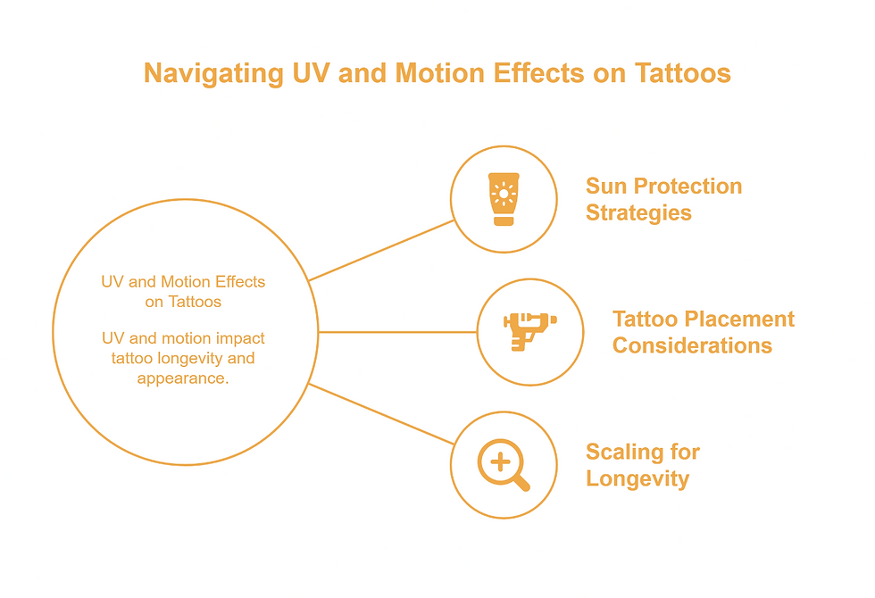 Diagram showing how UV and motion affect tattoo longevity. Key points: Sun protection strategies, tattoo placement considerations, and scaling for longevity.