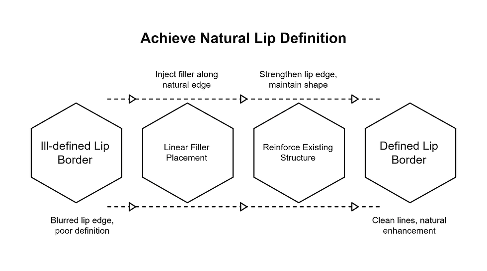Infographic showing the treatment steps: linear micro-threads of filler along the lip border, reinforcing edges like stitching in fabric, resulting in natural definition without enlarging lips.