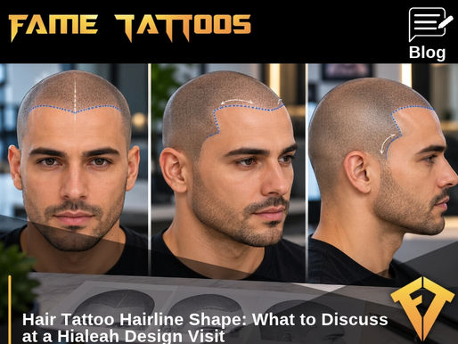 Three-angle scalp micropigmentation hairline review showing front, three-quarter, and side views with design guides.
