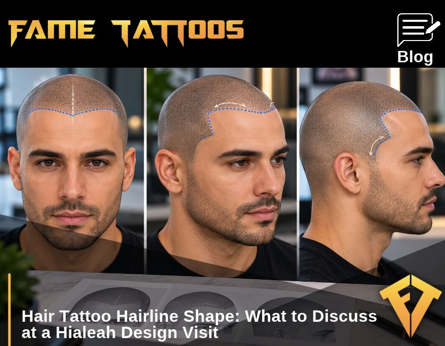 Three-angle scalp micropigmentation hairline review showing front, three-quarter, and side views with design guides.
