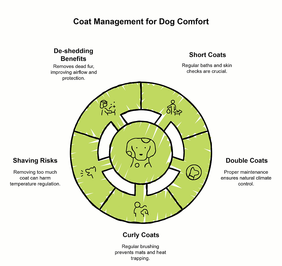 Infographic titled “Coat Management for Dog Comfort” showing a circular chart with icons for de-shedding benefits, short coats, double coats, shaving risks, and curly coats, explaining how proper grooming and coat care keep dogs comfortable and healthy.