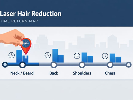 Transit-style infographic showing laser hair reduction time-return by zone, highlighting Neck/Beard as max priority.