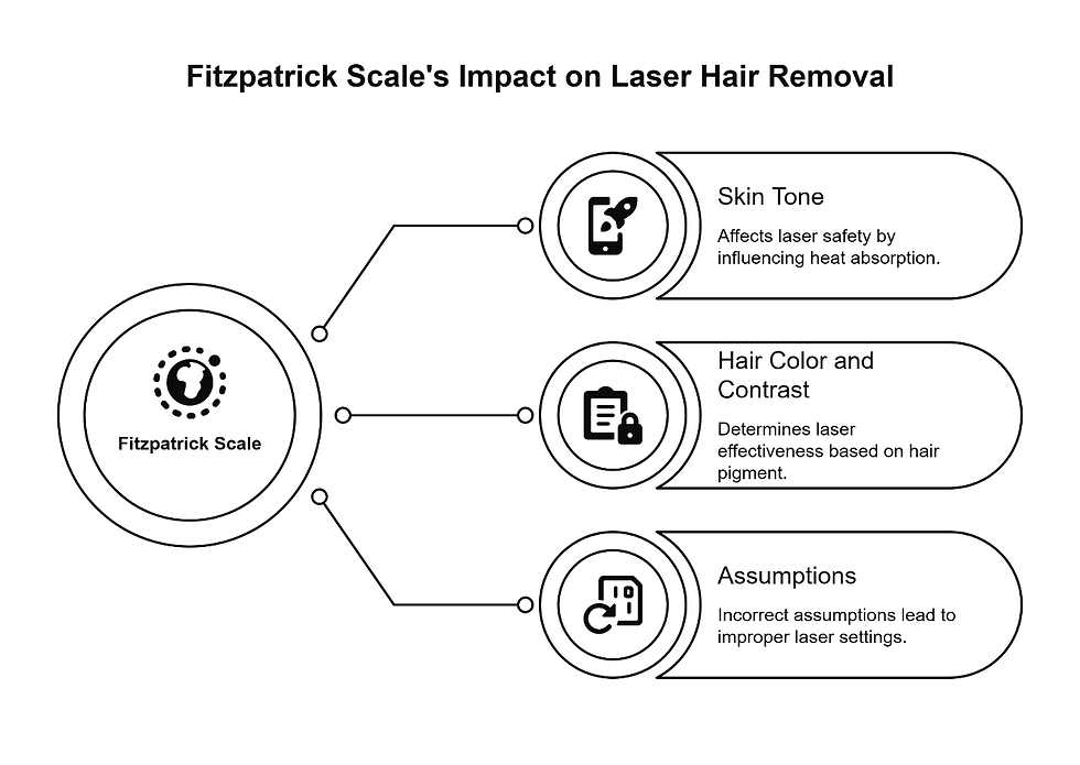 Infographic showing the Fitzpatrick Scale's impact on laser hair removal across three factors: skin tone affecting heat absorption, hair color and contrast determining laser effectiveness, and assumptions that can lead to improper laser settings.