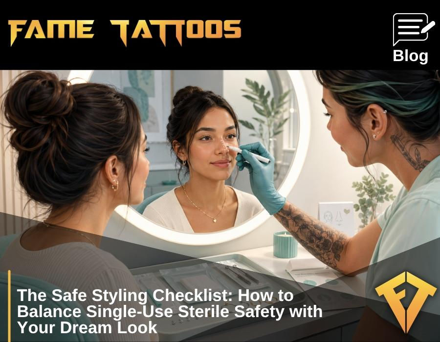 Piercer marking nose placement while client checks mirror with sterile supplies ready.