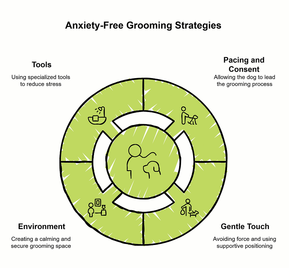 Anxiety-free dog grooming strategies: pacing and consent, gentle touch, calming environment, and specialized stress-reduction tools.