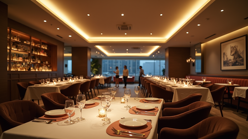 Wide angle view of a spacious, elegantly designed dining area with ambient lighting