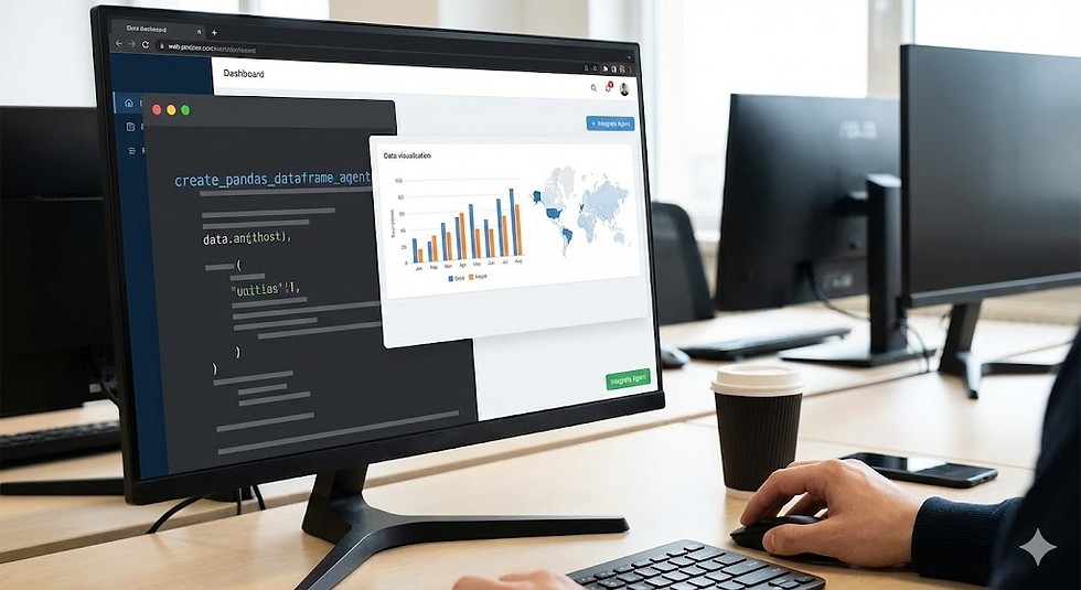 A person uses a computer displaying coding and data visualization graphs in a modern office. A coffee cup sits nearby on the desk.