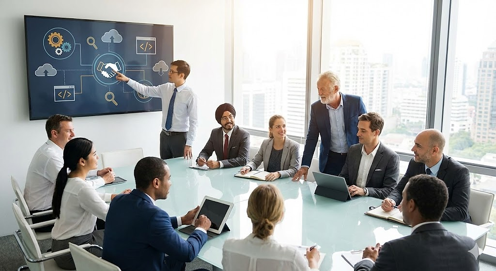 Business meeting with diverse group around a table. One person presents on a screen with tech icons. Bright room, city view outside.