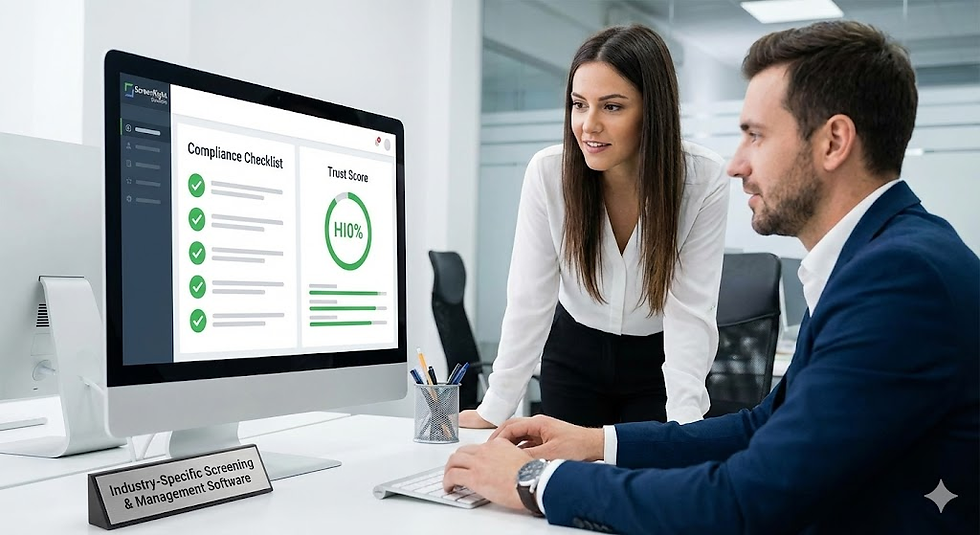 Two professionals discussing in an office. A computer screen shows "Compliance Checklist" and "Trust Score 100%". Focused and engaged mood.