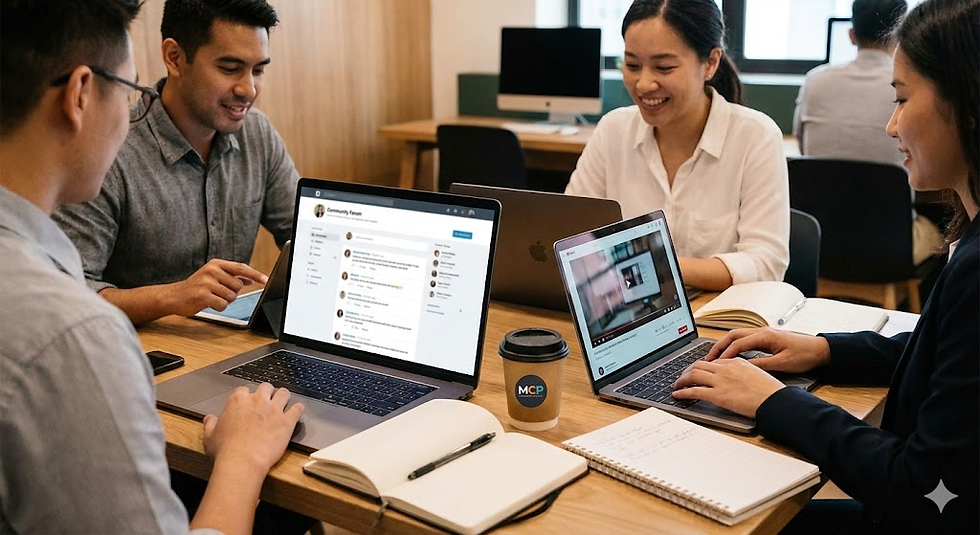Four people smiling, working on laptops in an office. Notebooks and a coffee cup sit on the table. Casual, collaborative atmosphere.