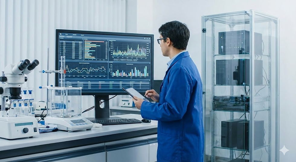 A scientist in a blue lab coat analyzes data on a large screen in a lab with microscopes and servers, depicting focus and technology.