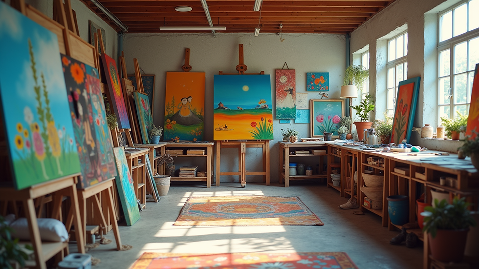 Eye-level view of a vibrant art studio filled with colorful paintings