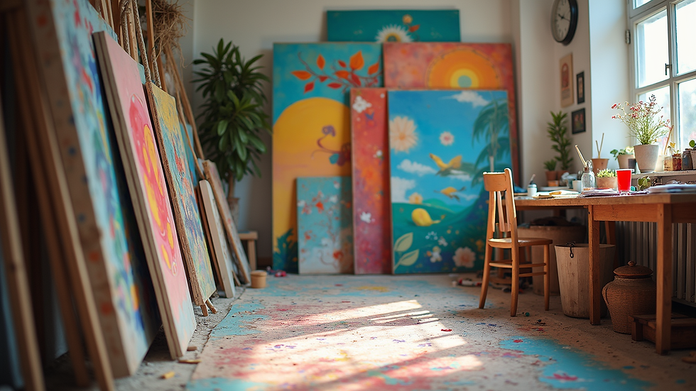 Eye-level view of a vibrant art studio filled with colorful paintings
