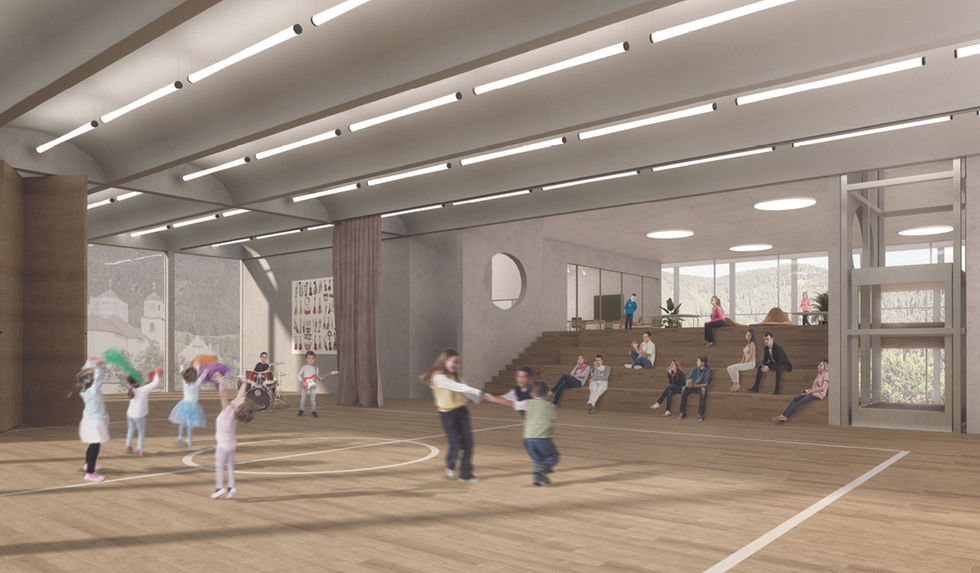 Innenraumvisualisierung des Bewegungsraums der Volksschule Steinach mit Sportfläche, Kindern und großflächigen Verglasungen.