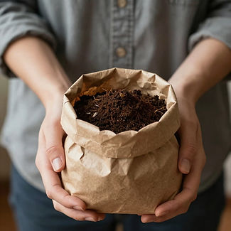 Used coffee grounds spilling from kraft paper bag onto dark garden soil as natural plant fertilizer