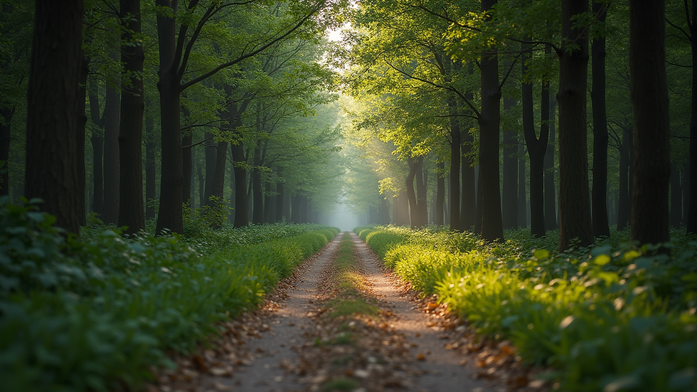 Wide angle view of a quiet forest path surrounded by trees
