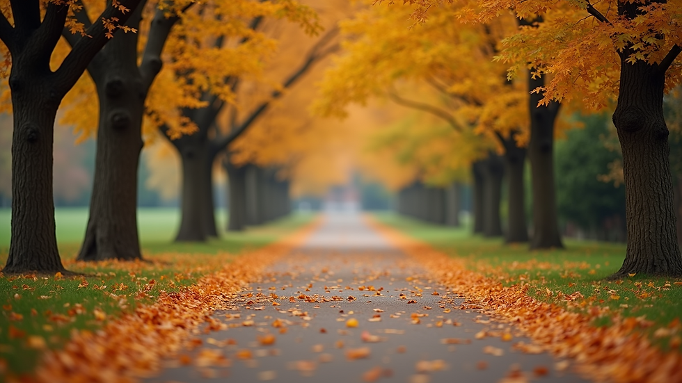 Eye-level view of a tranquil park path lined with colorful autumn leaves