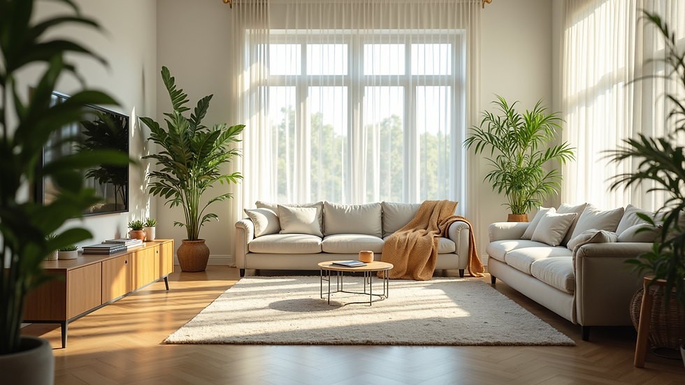 Eye-level view of a bright living room with large windows and plants