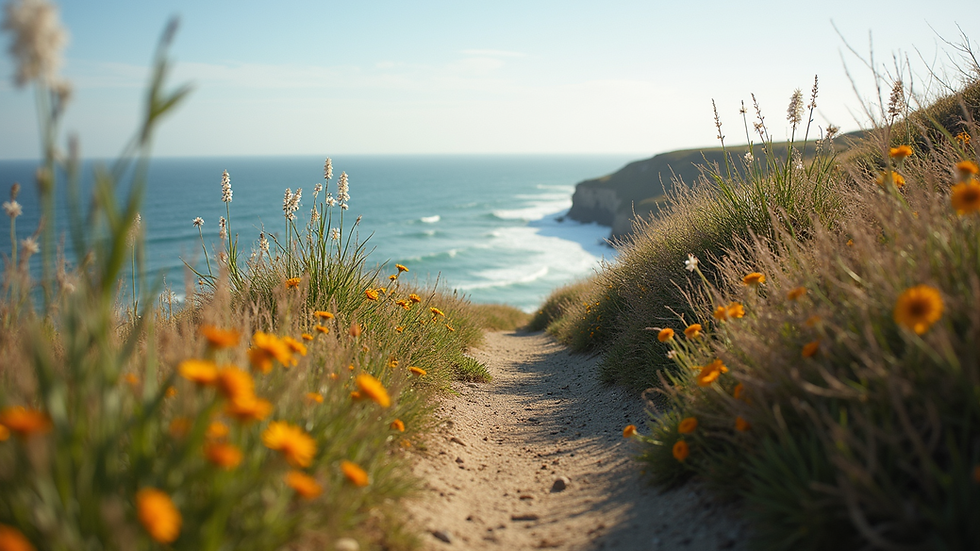 Eye-level view of a coastal path lined with wildflowers and ocean in the background