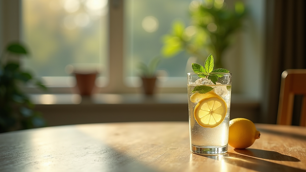 Close-up view of a glass of water with lemon and mint on a wooden table