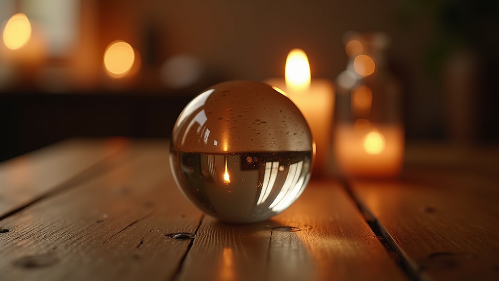 Eye-level view of a crystal ball on a wooden table with soft candlelight