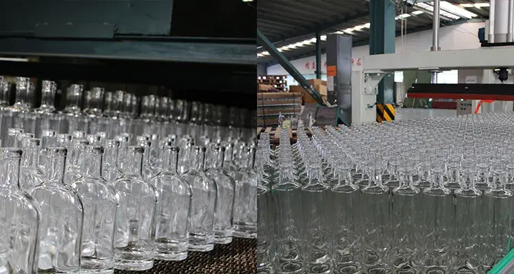Rows of clear glass bottles on a conveyor belt in a factory setting. The industrial background includes metal beams and machinery.