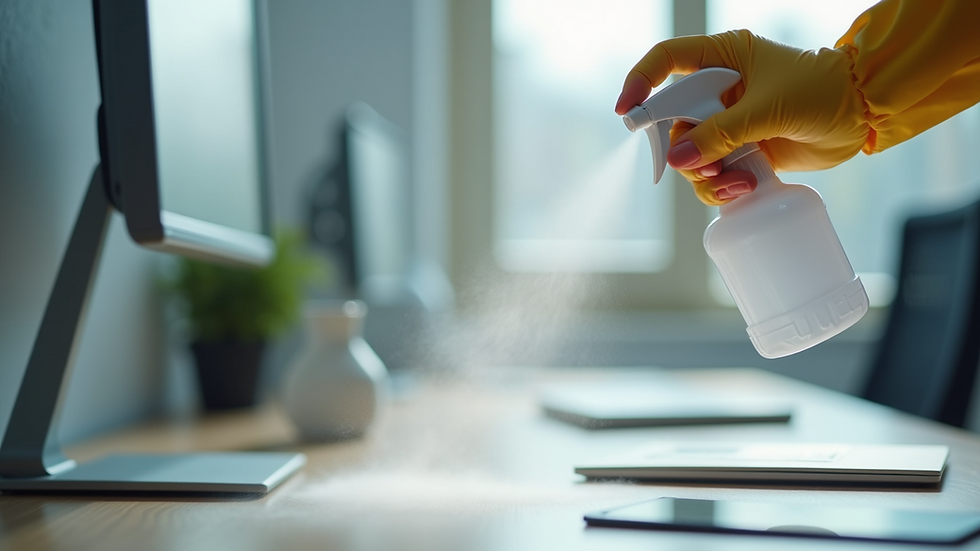 Close-up view of a disinfectant spray being applied to a desk surface