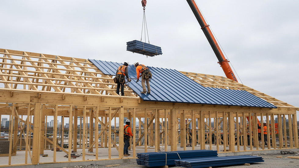 Eye-level view of a construction site with workers installing roofing