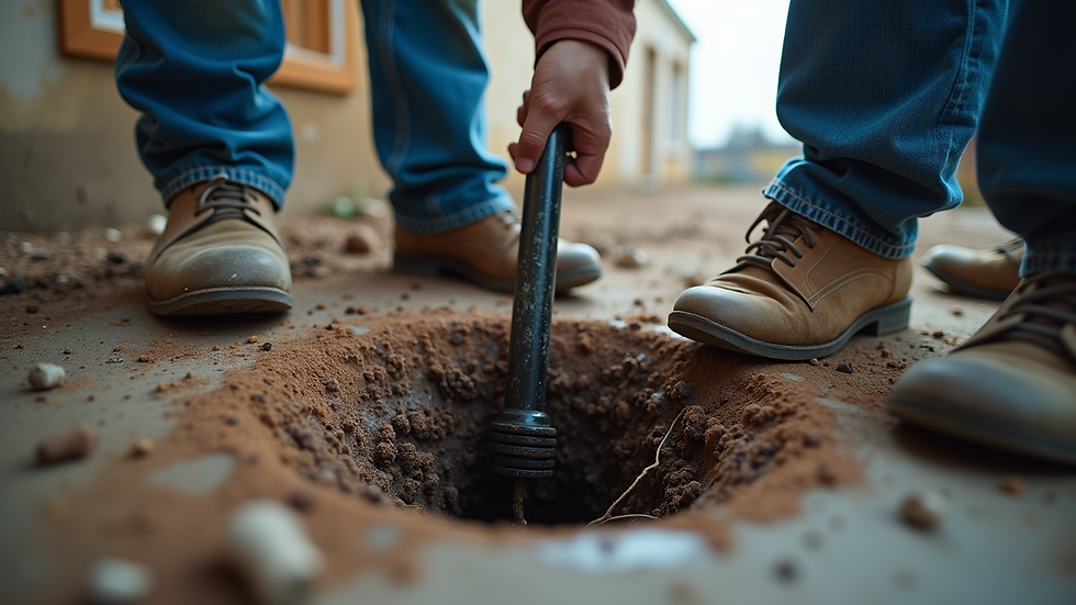 Eye-level view of a plumber using a drain auger to clear roots from a pipe