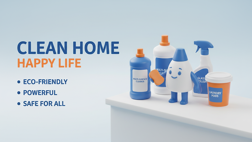 High angle view of cleaning supplies arranged neatly on a countertop