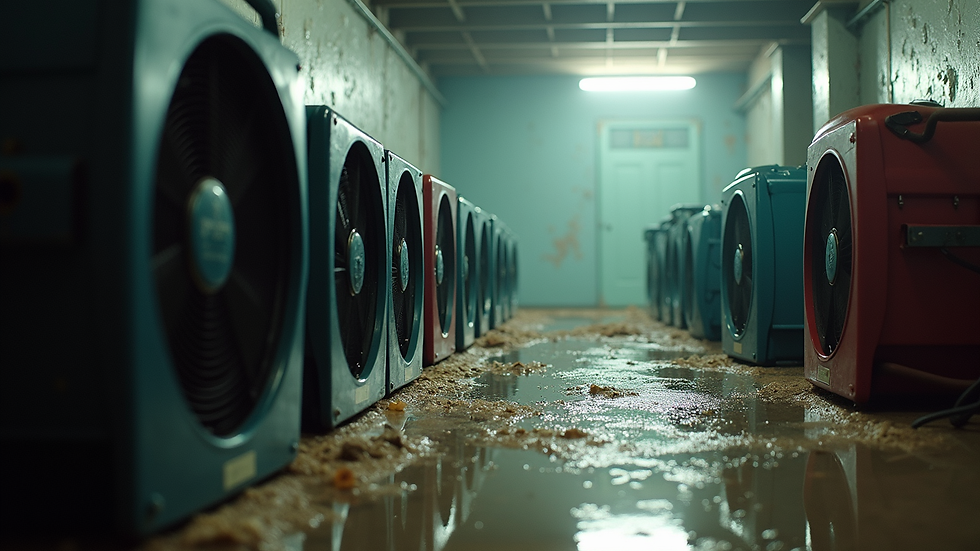 Close-up view of drying equipment and fans in a water-damaged basement