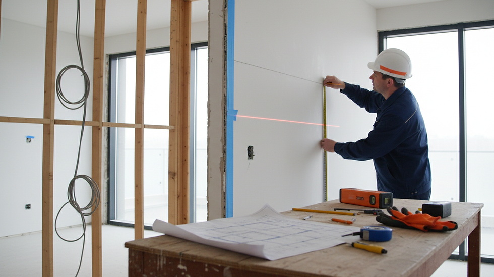 Close-up view of a contractor measuring and planning interior renovation