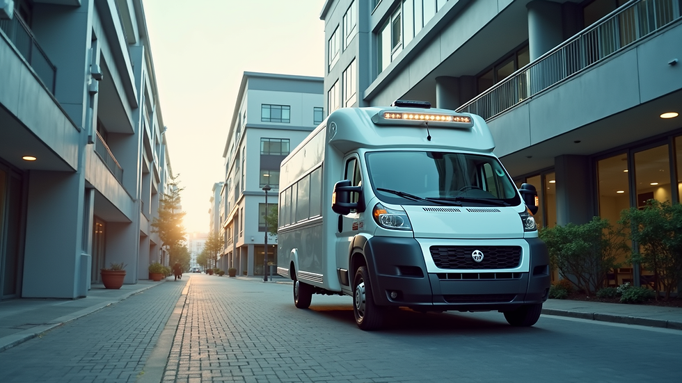 Eye-level view of a mobile testing van parked outside a commercial building