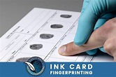 Hand pressing finger on fingerprint card, 'INK CARD FINGERPRINTING'.