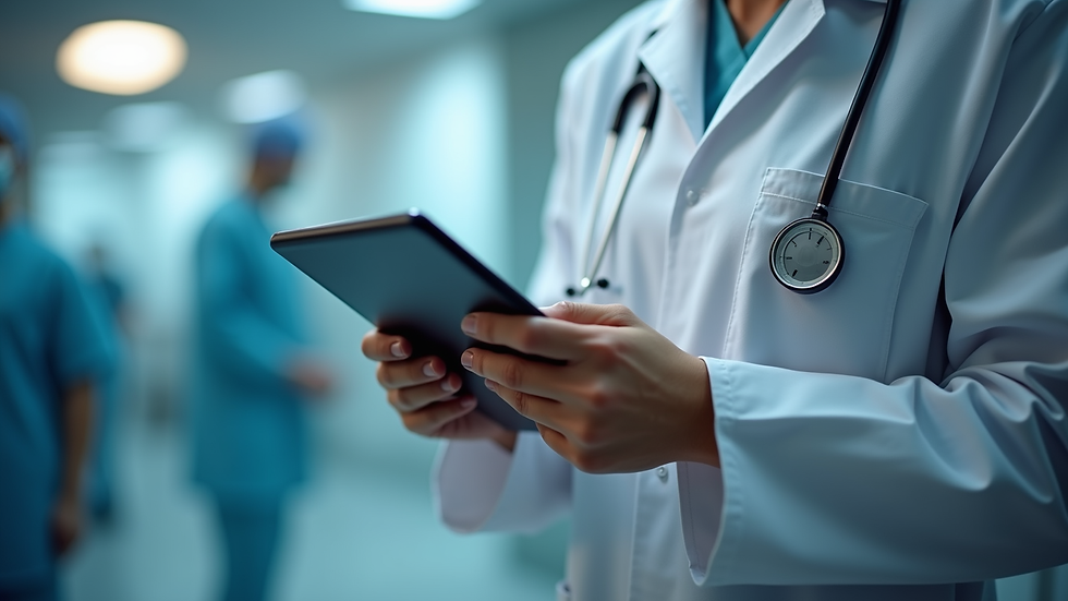 Close-up view of a healthcare professional using a tablet with automated workflow software
