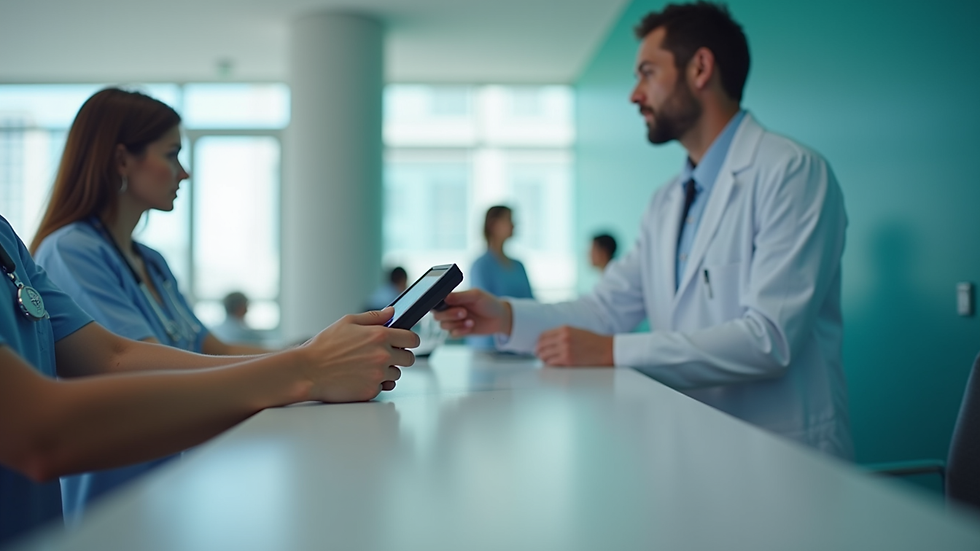 Eye-level view of a hospital reception desk with a patient scanning a QR code