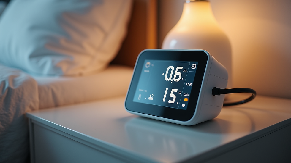 Eye-level view of a smart blood pressure monitor on a bedside table