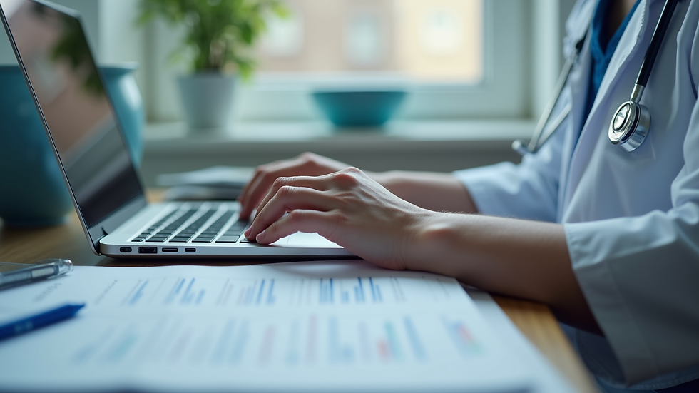 Close-up view of a patient reviewing medical records on a laptop