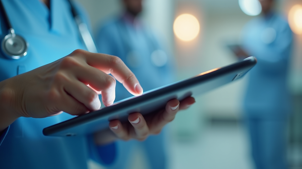 Close-up view of a healthcare professional using a tablet with workflow automation software