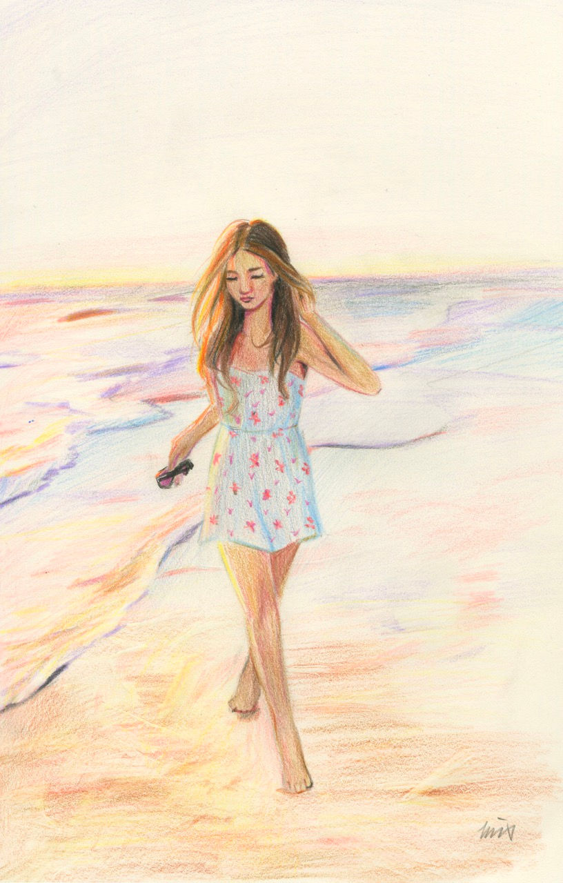 A drawing of a blonde woman strolling along the beach during the golden hour, with soft waves and warm sunlight.