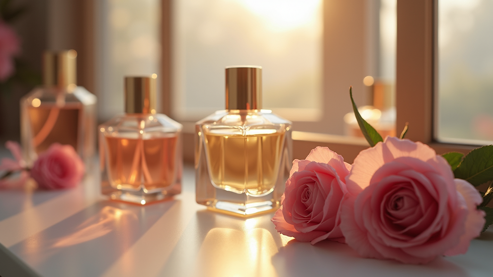 Eye-level view of a vanity table with various perfume bottles and rose flowers